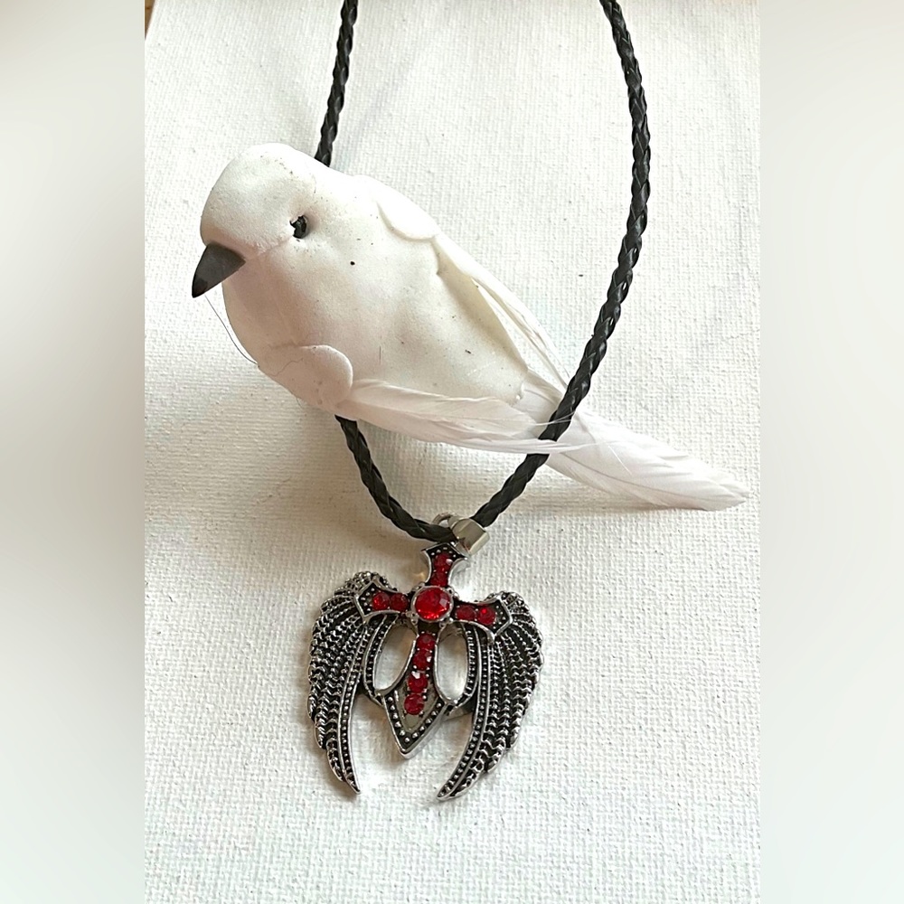 Angel Wings Cross Red Rhinestones Necklace. Religious Necklace Punk Gothic Style